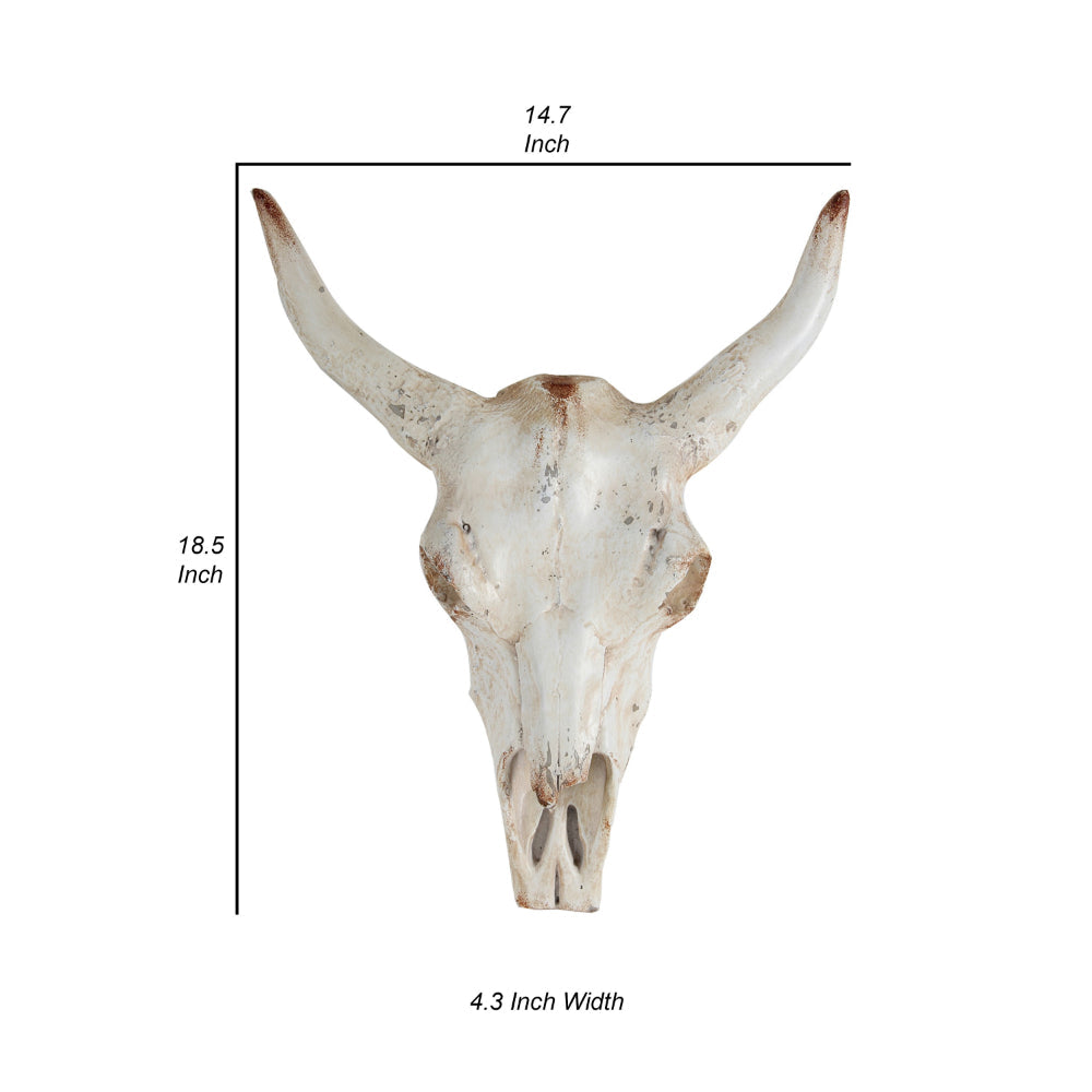 19 Inch Realistic Faux Steer Head Wall Decor, Cow Skull White, Brown Finish