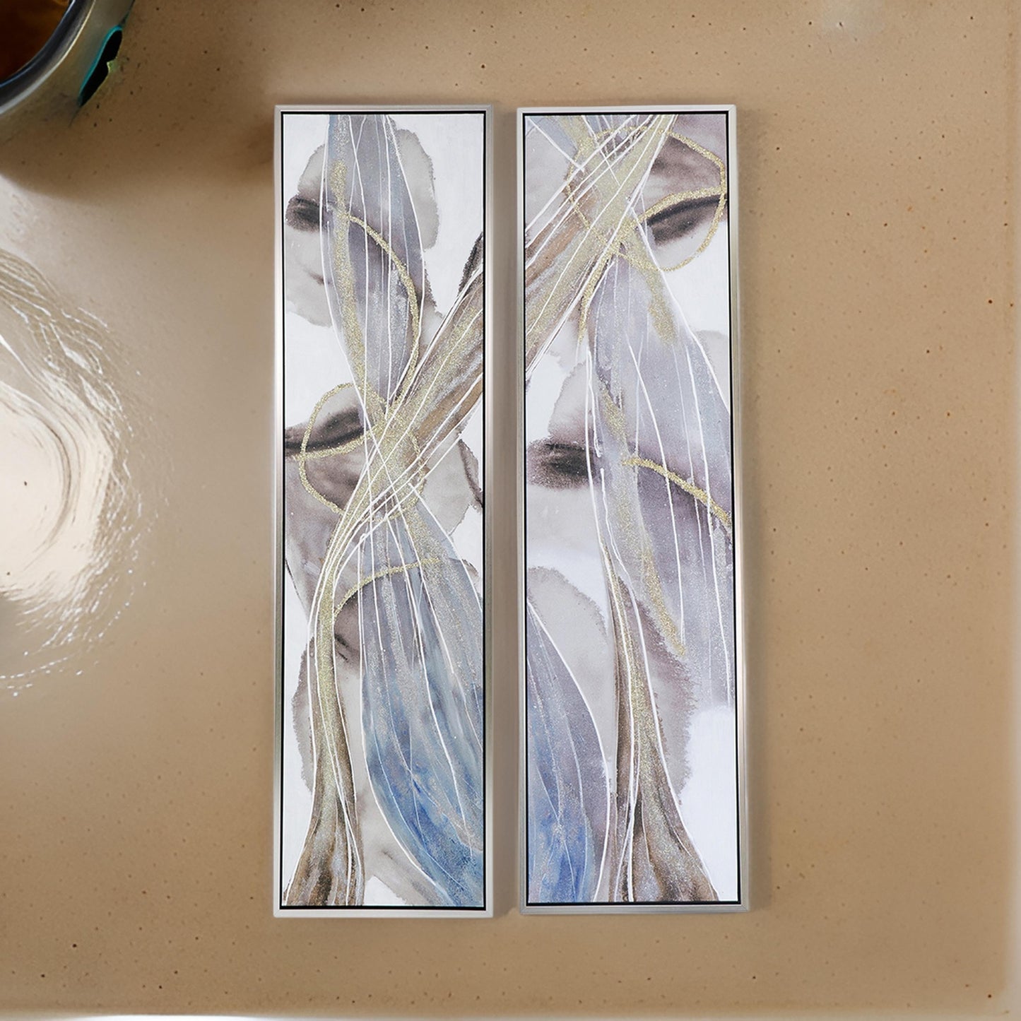20 x 71 Tall Framed Rectangular Oil Paintings Set of 2, White Abstract