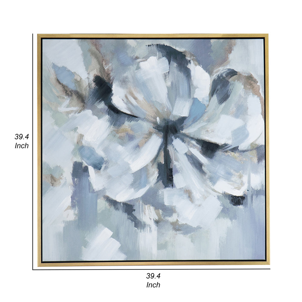39 x 39 Square Wall Art Oil Painting, Flower Motif, Gray and Blue Canvas
