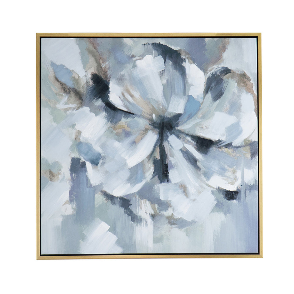 39 x 39 Square Wall Art Oil Painting, Flower Motif, Gray and Blue Canvas