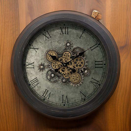 28 Inch Wall Clock, Round Vintage Gear Design, Gold and Dark Brown Finish