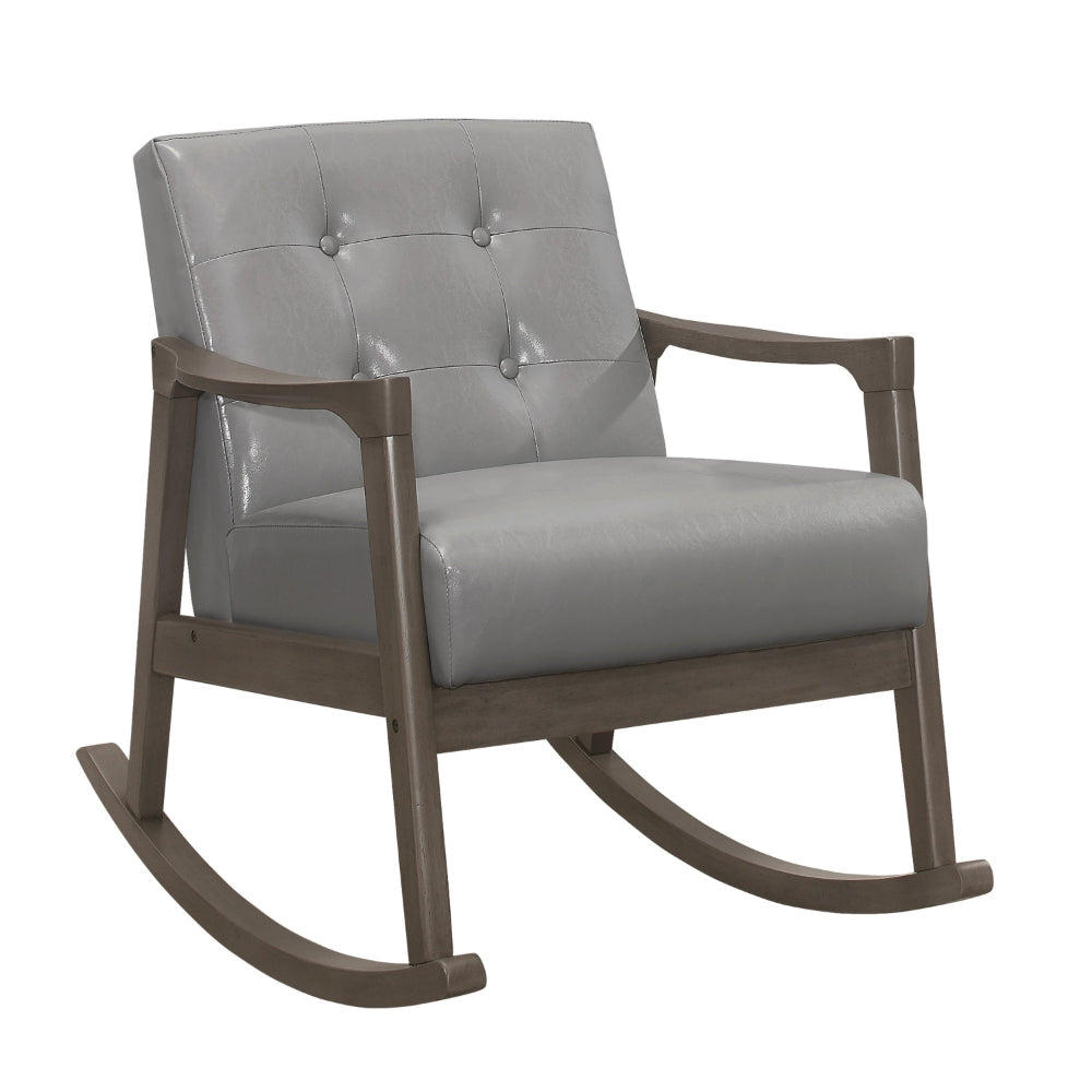 Ciao 37 Inch Rocking Chair Armchair, Light Gray Faux Leather, Solid Wood