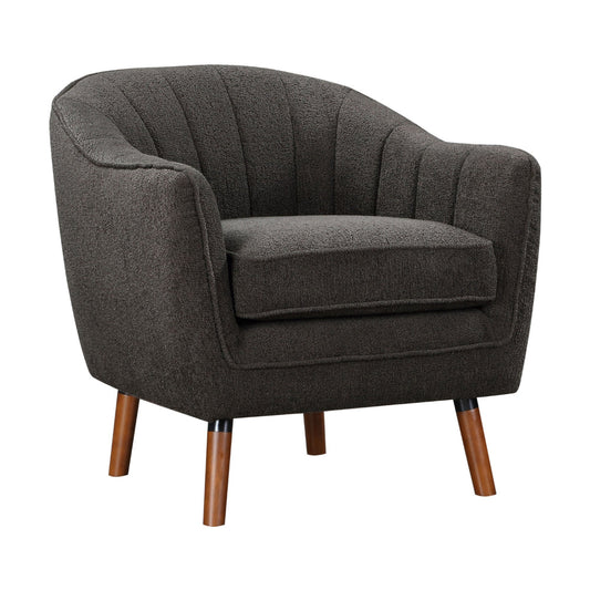Tia 31 Inch Plush Accent Chair Armchair, Gray Polyester, Brown Solid Wood
