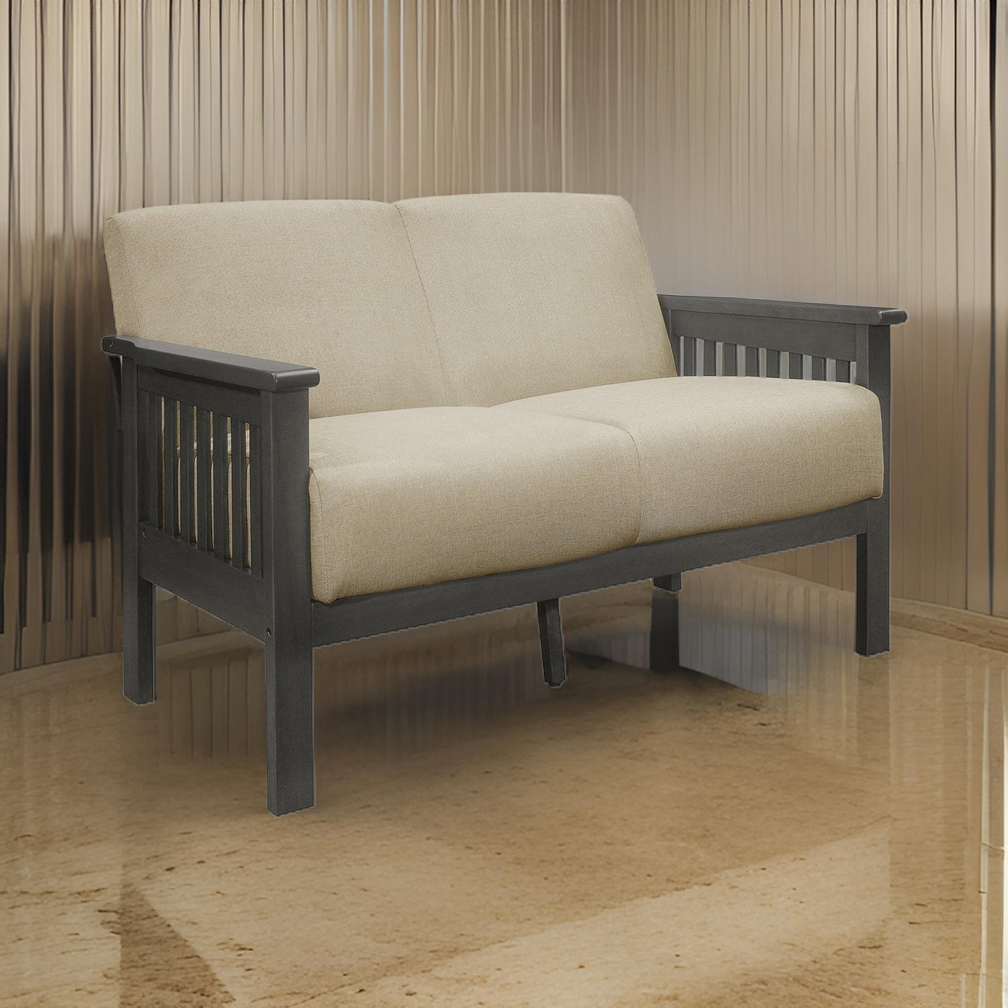 Wiston 50 Inch Loveseat, Beige Polyester, Dark Gray Solid Rubberwood