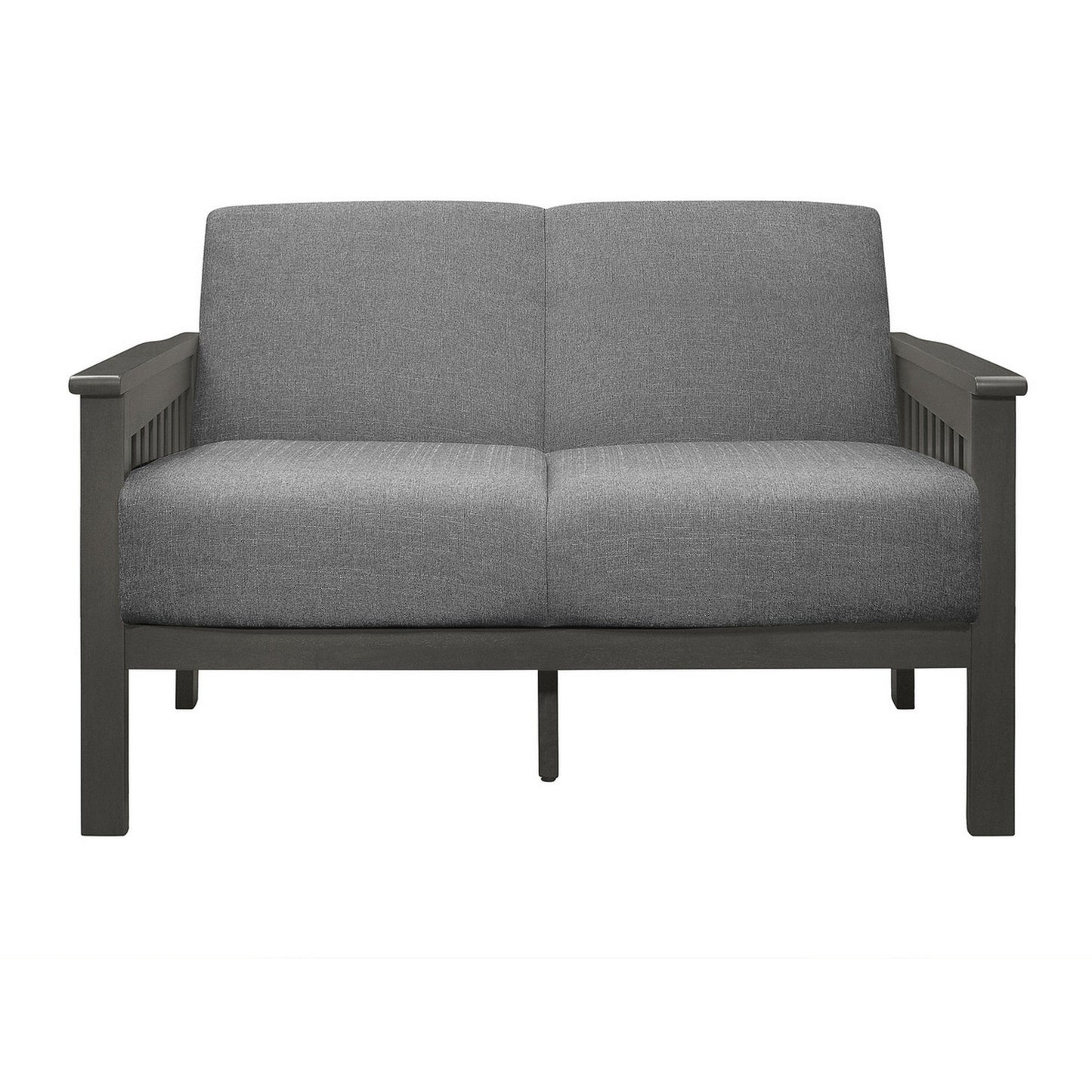 Wiston 50 Inch Loveseat, Gray Polyester, Dark Gray Solid Rubberwood