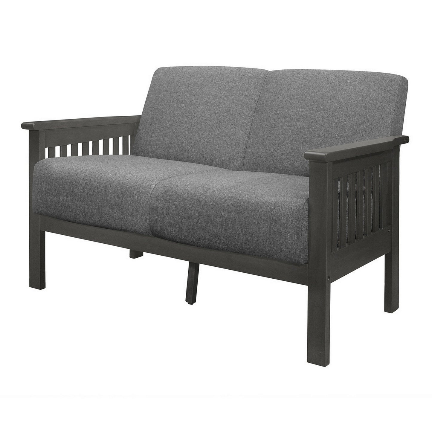 Wiston 50 Inch Loveseat, Gray Polyester, Dark Gray Solid Rubberwood