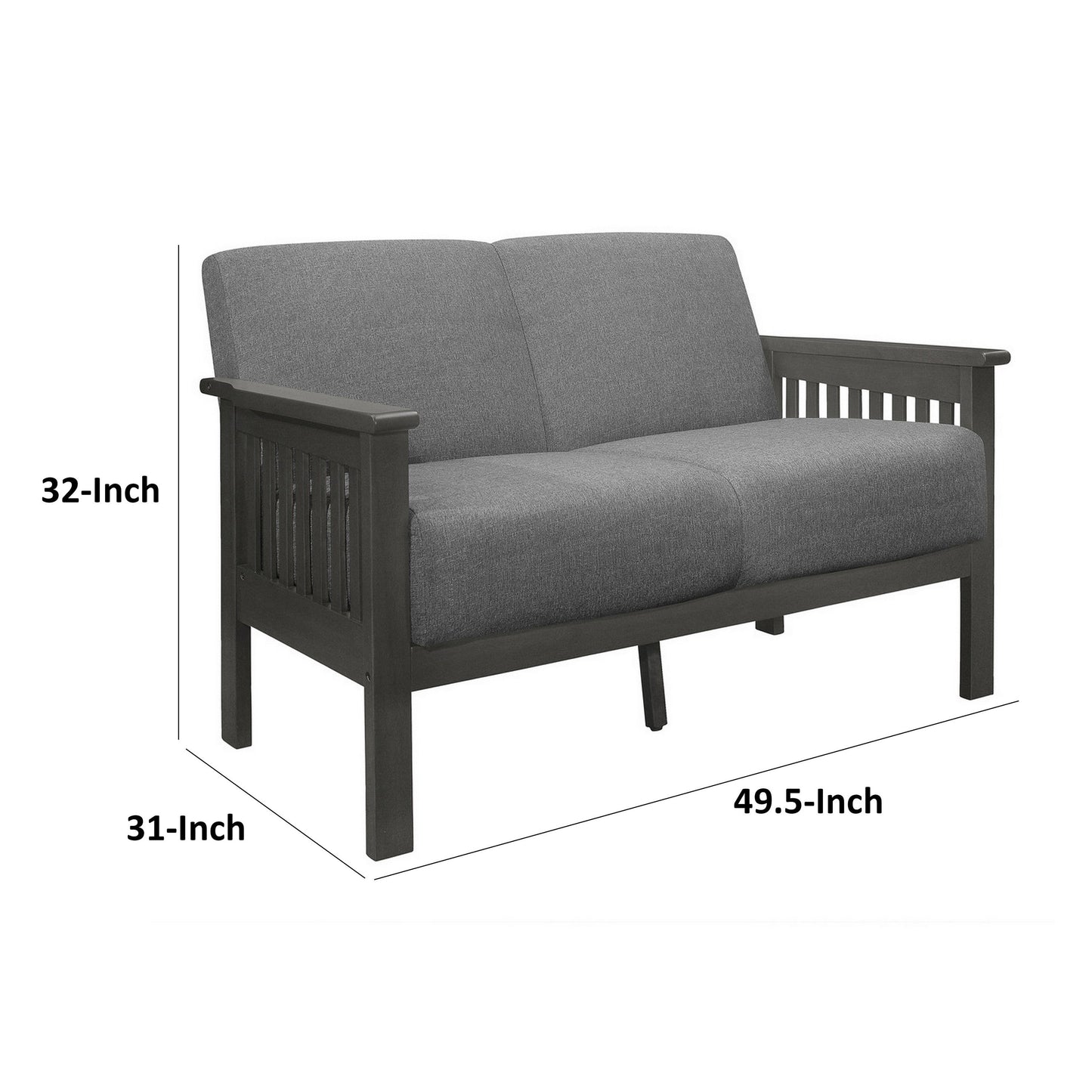 Wiston 50 Inch Loveseat, Gray Polyester, Dark Gray Solid Rubberwood