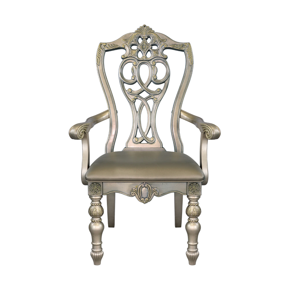 Lumi 28 Inch Dining Armchair, Set of 2, Faux Leather, Wood, Platinum Gold Finish