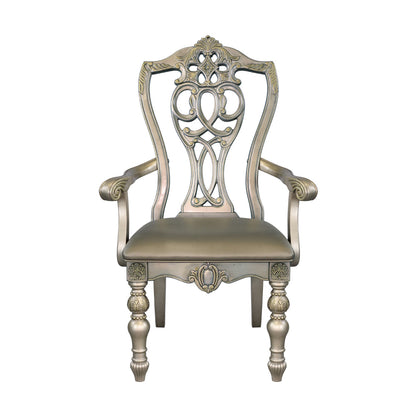 Lumi 28 Inch Dining Armchair, Set of 2, Faux Leather, Wood, Platinum Gold Finish