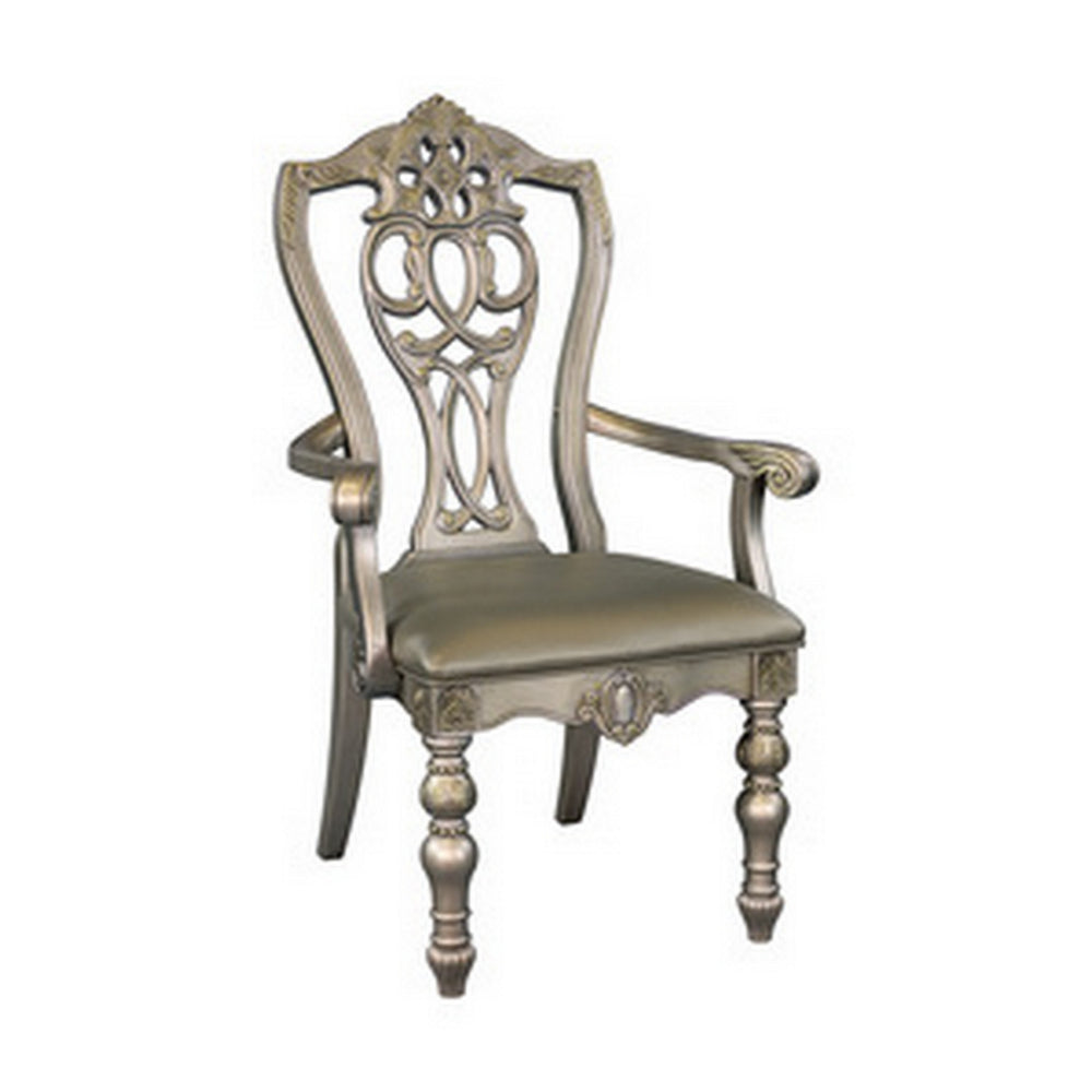 Lumi 28 Inch Dining Armchair, Set of 2, Faux Leather, Wood, Platinum Gold Finish