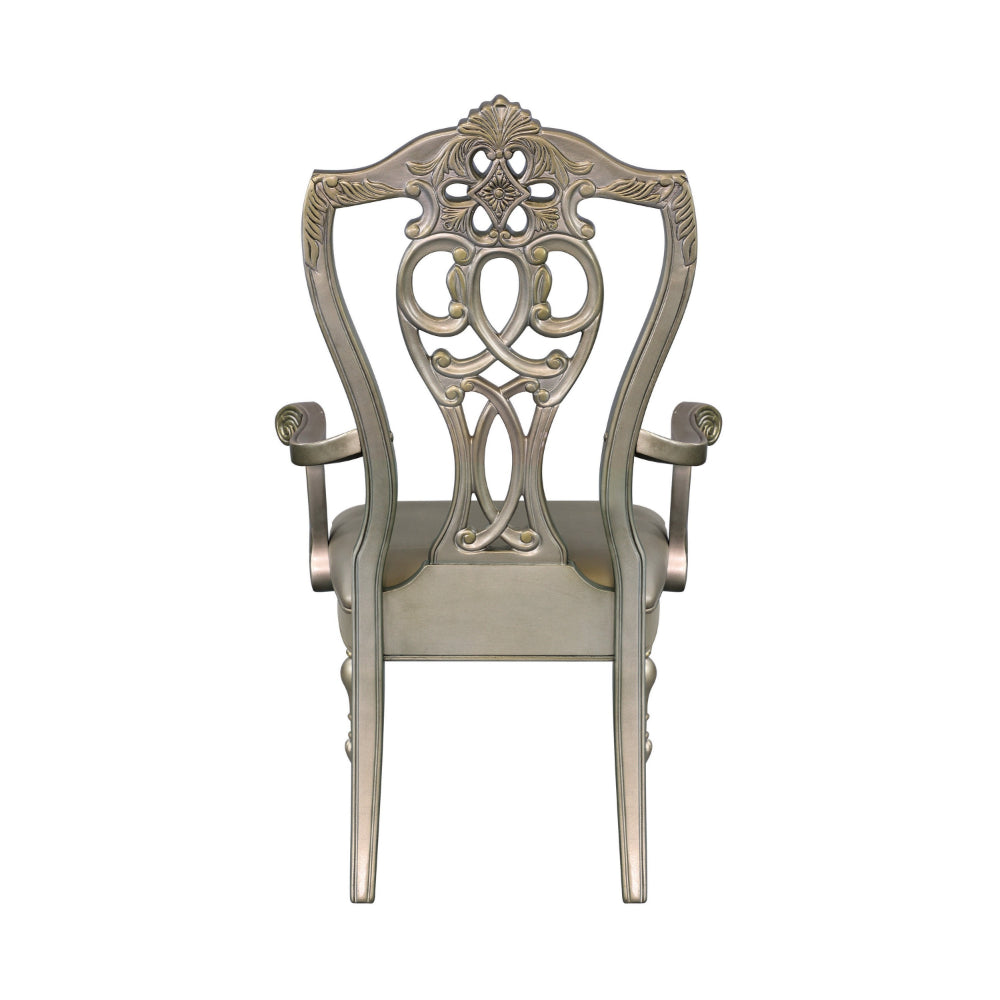 Lumi 28 Inch Dining Armchair, Set of 2, Faux Leather, Wood, Platinum Gold Finish