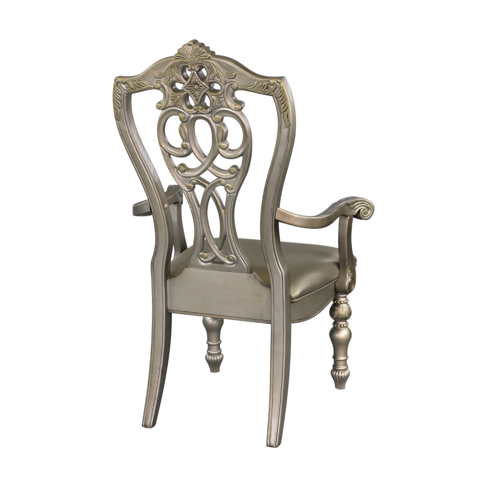 Lumi 28 Inch Dining Armchair, Set of 2, Faux Leather, Wood, Platinum Gold Finish