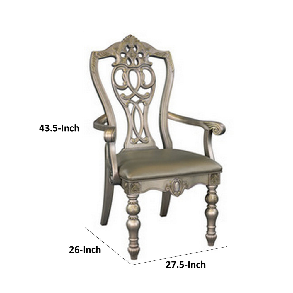 Lumi 28 Inch Dining Armchair, Set of 2, Faux Leather, Wood, Platinum Gold Finish