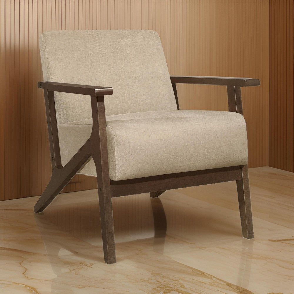 Rica 32 Inch Accent Armchair, Soft Beige Velvet, Walnut Brown Solid Wood
