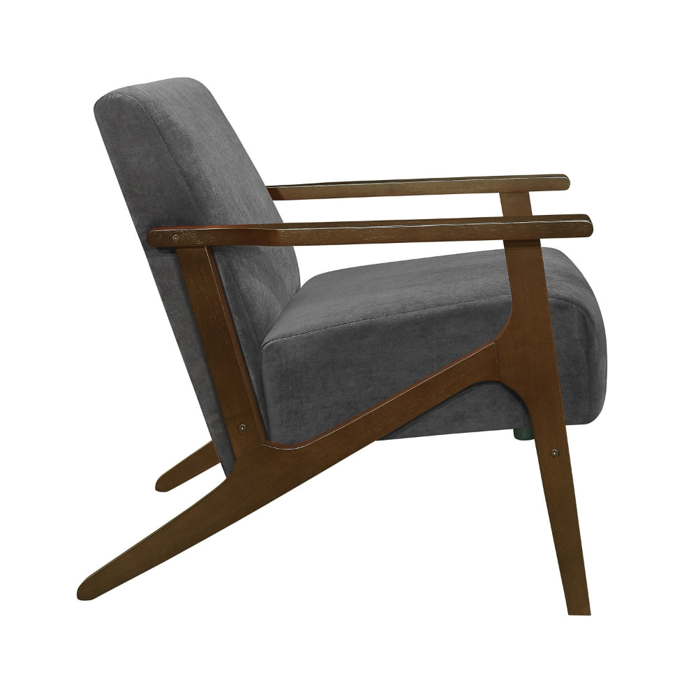 Rica 32 Inch Accent Armchair, Dark Gray Velvet, Walnut Brown Solid Wood