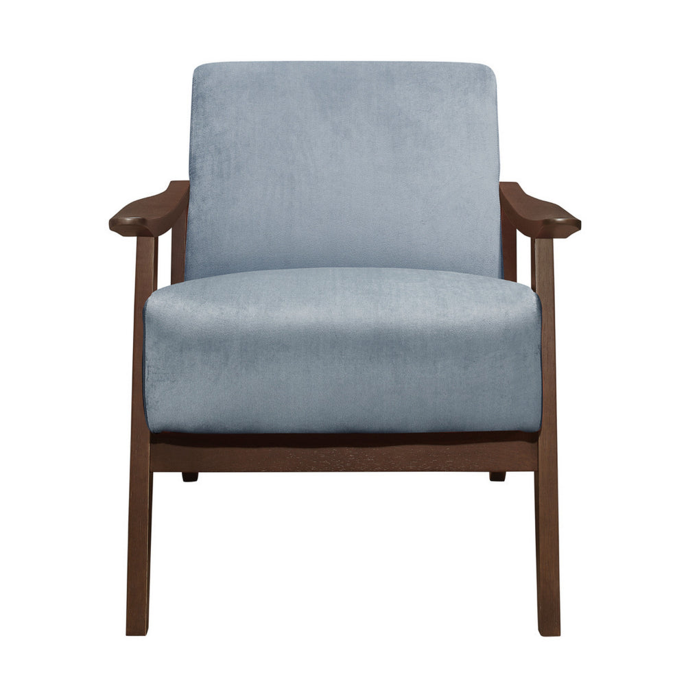 Rica 32 Inch Accent Armchair, Curved, Soft Blue Velvet, Brown Solid Wood