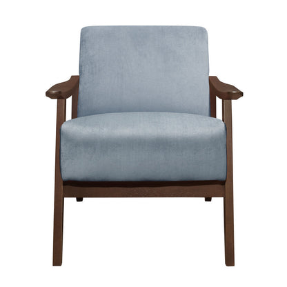 Rica 32 Inch Accent Armchair, Curved, Soft Blue Velvet, Brown Solid Wood