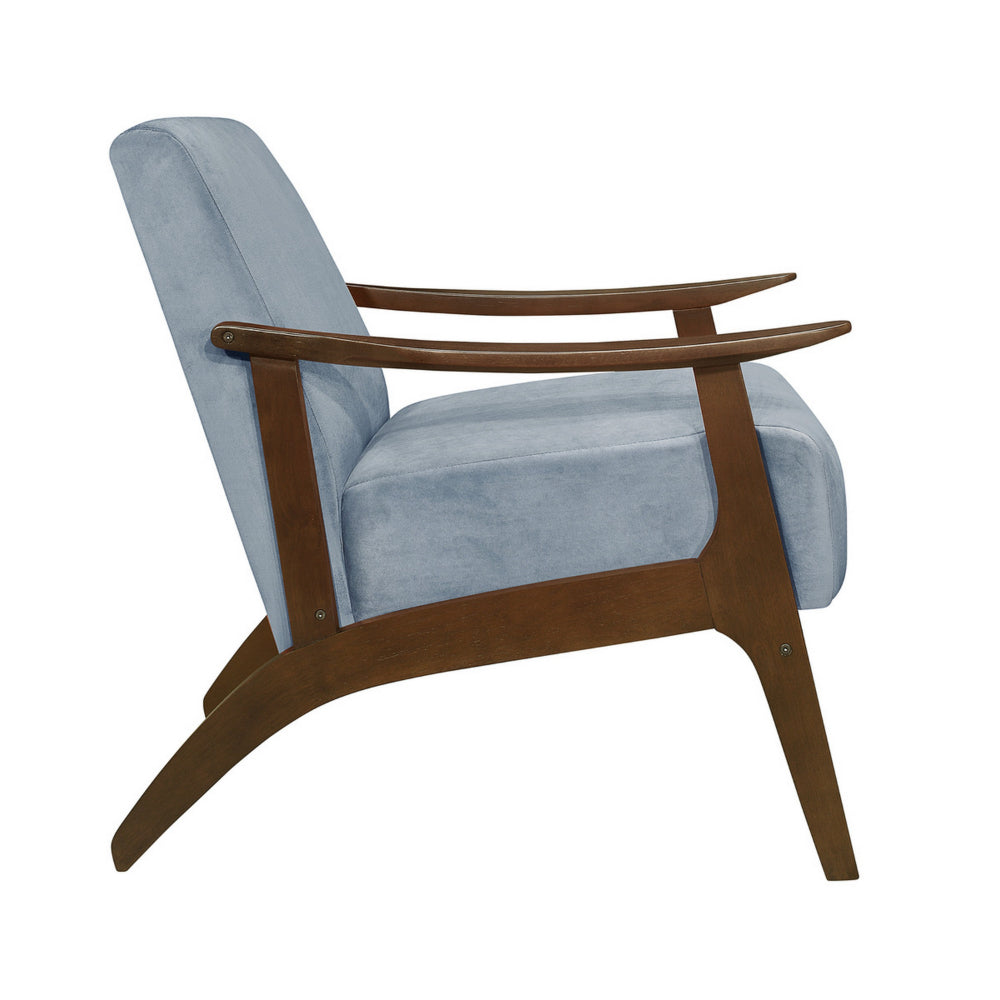 Rica 32 Inch Accent Armchair, Curved, Soft Blue Velvet, Brown Solid Wood