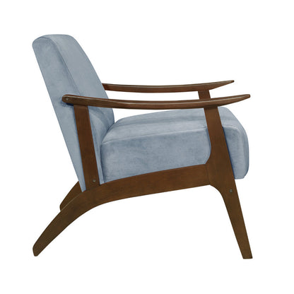 Rica 32 Inch Accent Armchair, Curved, Soft Blue Velvet, Brown Solid Wood