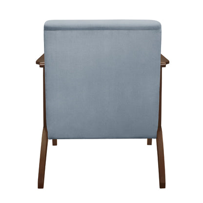 Rica 32 Inch Accent Armchair, Curved, Soft Blue Velvet, Brown Solid Wood