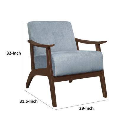 Rica 32 Inch Accent Armchair, Curved, Soft Blue Velvet, Brown Solid Wood