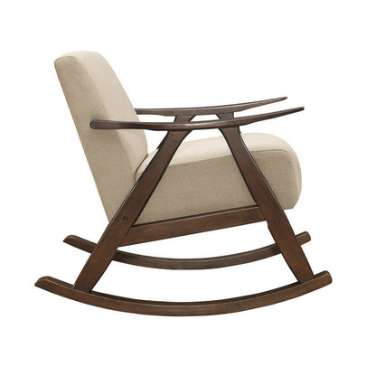 Tim 37 Inch Rocking Armchair, Beige Polyester, Walnut Brown Solid Wood
