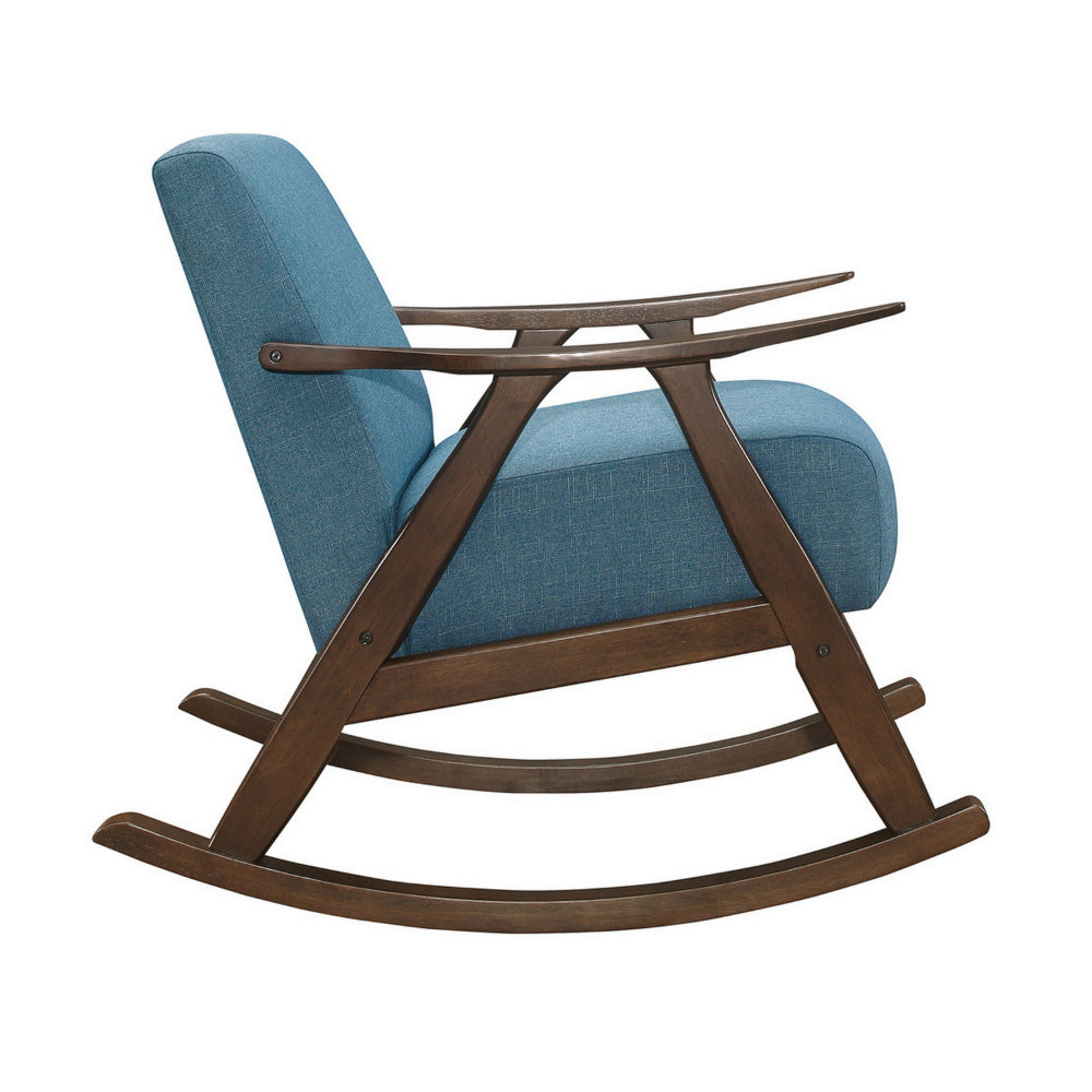 Tim 37 Inch Rocking Armchair, Blue Polyester, Walnut Brown Solid Wood