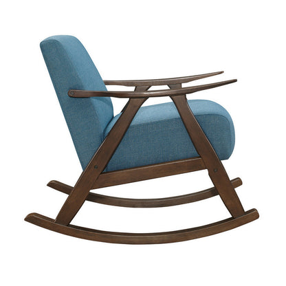 Tim 37 Inch Rocking Armchair, Blue Polyester, Walnut Brown Solid Wood