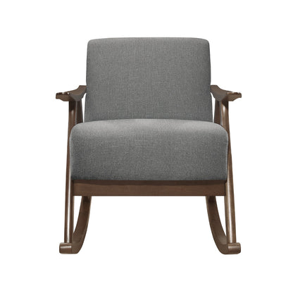 Tim 37 Inch Rocking Armchair, Gray Polyester, Walnut Brown Solid Wood