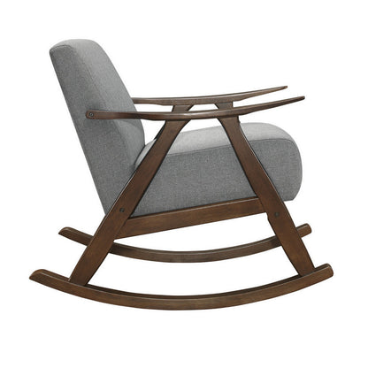 Tim 37 Inch Rocking Armchair, Gray Polyester, Walnut Brown Solid Wood