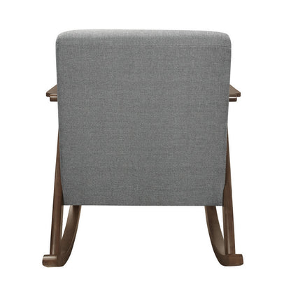 Tim 37 Inch Rocking Armchair, Gray Polyester, Walnut Brown Solid Wood