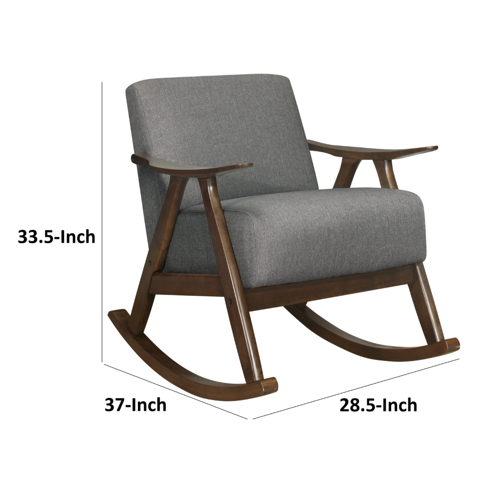 Tim 37 Inch Rocking Armchair, Gray Polyester, Walnut Brown Solid Wood