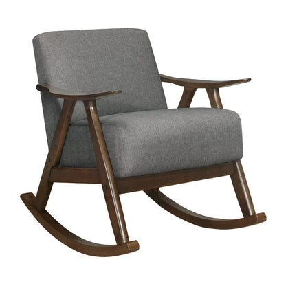 Tim 37 Inch Rocking Armchair, Gray Polyester, Walnut Brown Solid Wood