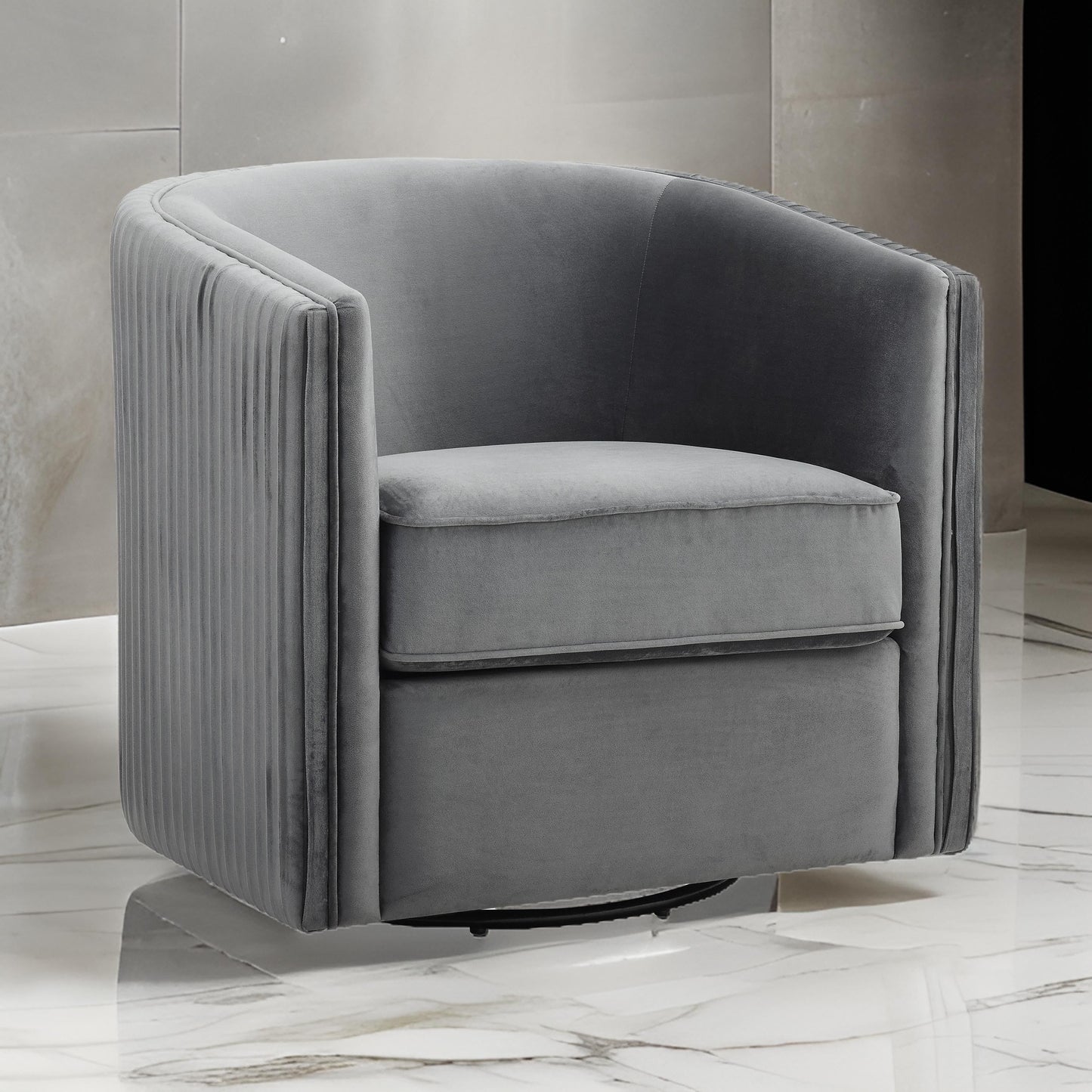 31 Inch Swivel Accent Chair, Soft Gray Velvet, Round Solid Wood Frame
