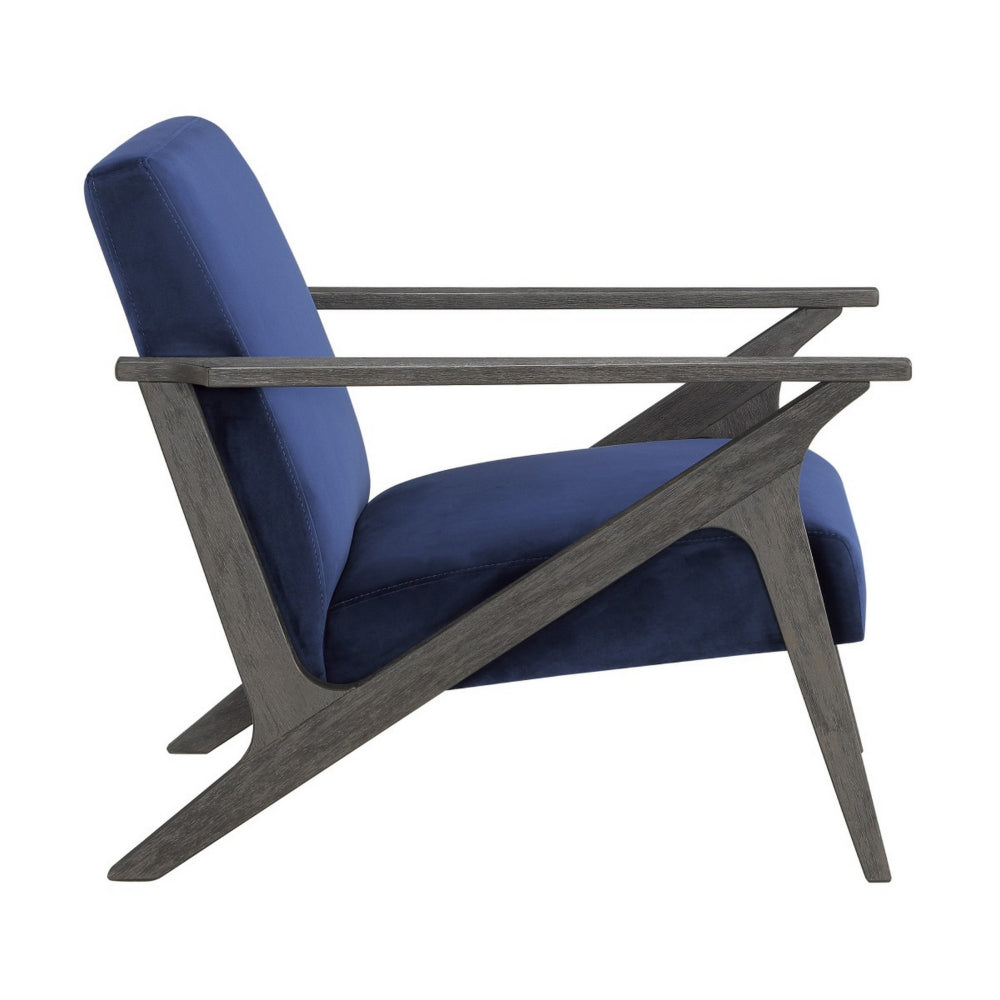 Esme 35 Inch Accent Chair Wood Armchair, Blue Velvet Cushioned Seat, Gray