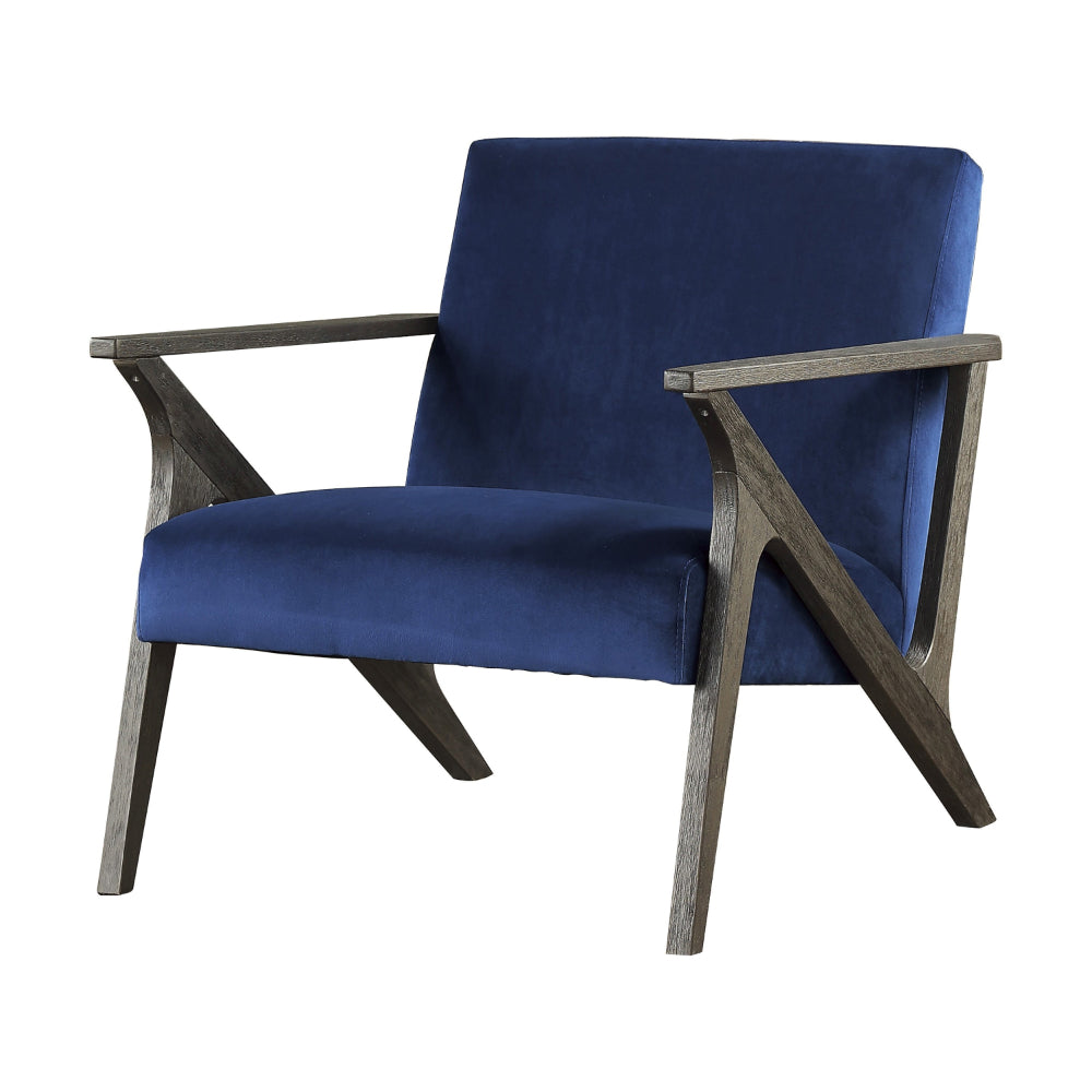 Esme 35 Inch Accent Chair Wood Armchair, Blue Velvet Cushioned Seat, Gray