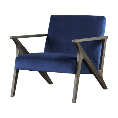 Esme 35 Inch Accent Chair Wood Armchair, Blue Velvet Cushioned Seat, Gray
