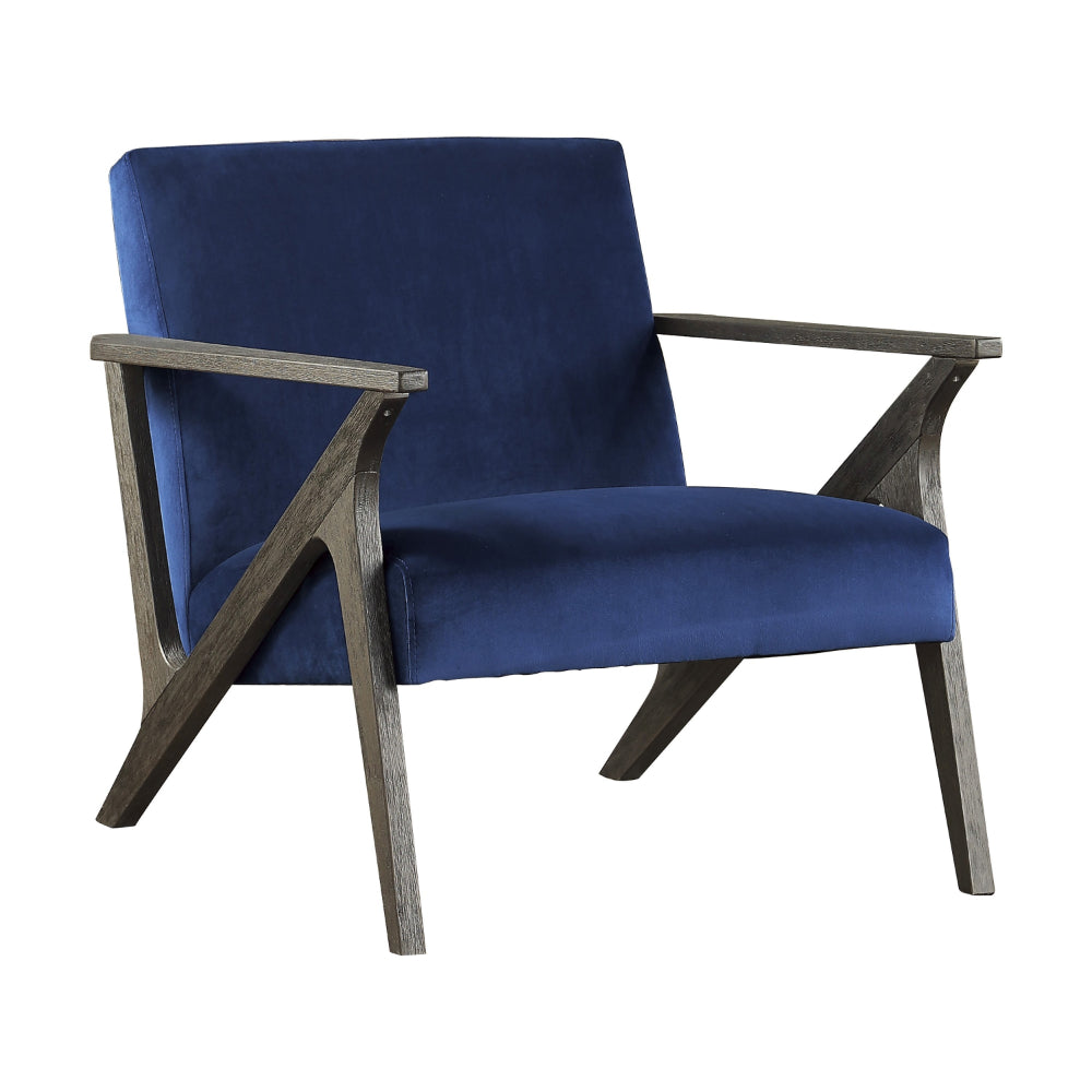 Esme 35 Inch Accent Chair Wood Armchair, Blue Velvet Cushioned Seat, Gray