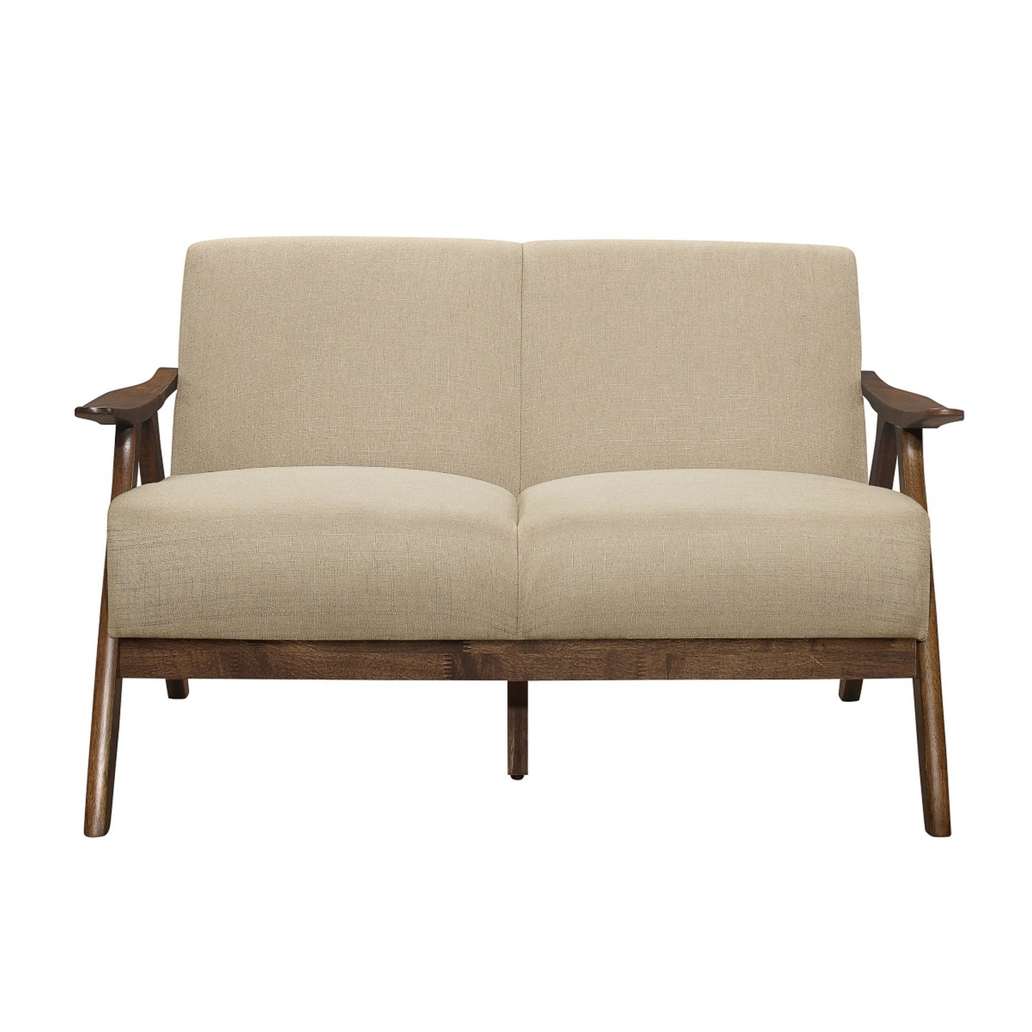 Indy 51 Inch Loveseat, Brown Rubberwood Angled Frame, Textured Beige Fabric