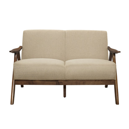 Indy 51 Inch Loveseat, Brown Rubberwood Angled Frame, Textured Beige Fabric
