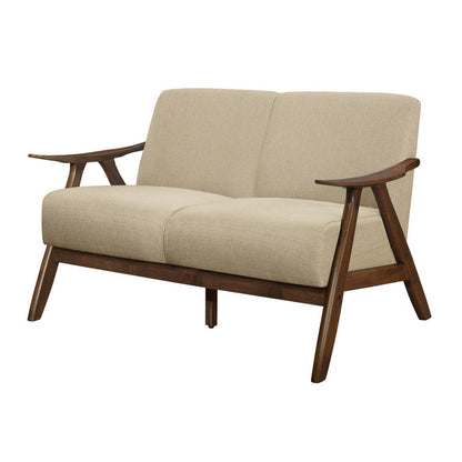 Indy 51 Inch Loveseat, Brown Rubberwood Angled Frame, Textured Beige Fabric