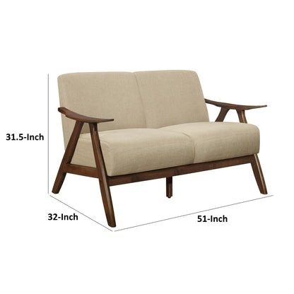 Indy 51 Inch Loveseat, Brown Rubberwood Angled Frame, Textured Beige Fabric