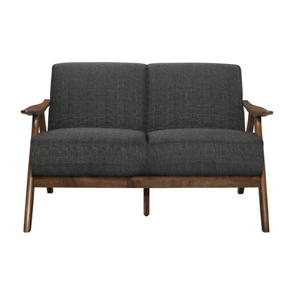 Indy 51 Inch Loveseat, Brown Rubberwood Angled Frame, Textured Gray Fabric