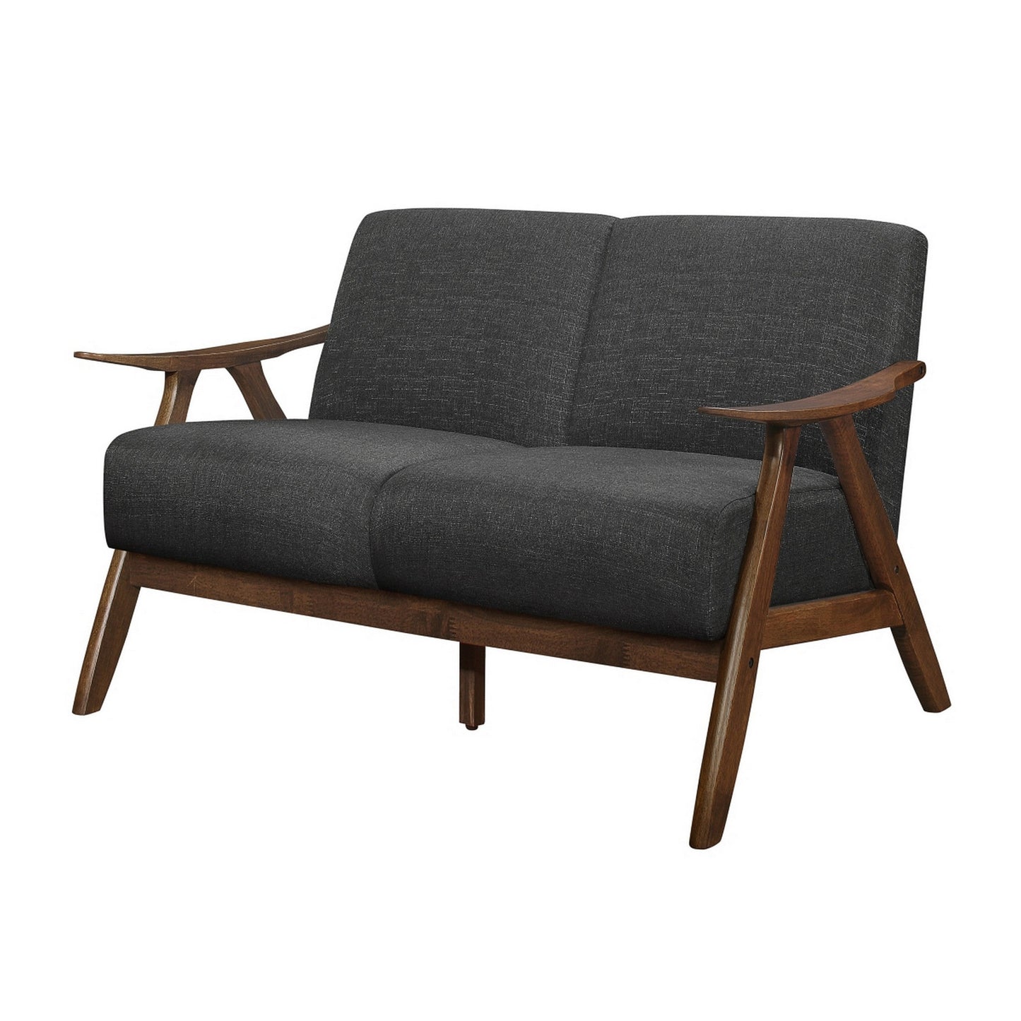 Indy 51 Inch Loveseat, Brown Rubberwood Angled Frame, Textured Gray Fabric