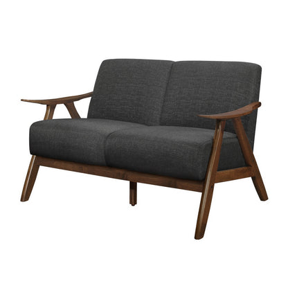 Indy 51 Inch Loveseat, Brown Rubberwood Angled Frame, Textured Gray Fabric