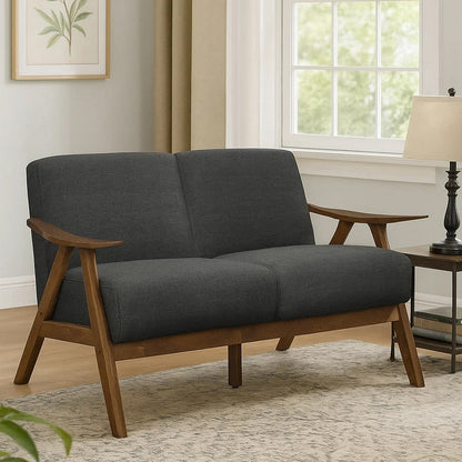 Indy 51 Inch Loveseat, Brown Rubberwood Angled Frame, Textured Gray Fabric