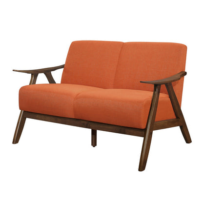 Indy 51 Inch Loveseat, Brown Wood Angled Frame, Textured Orange Fabric
