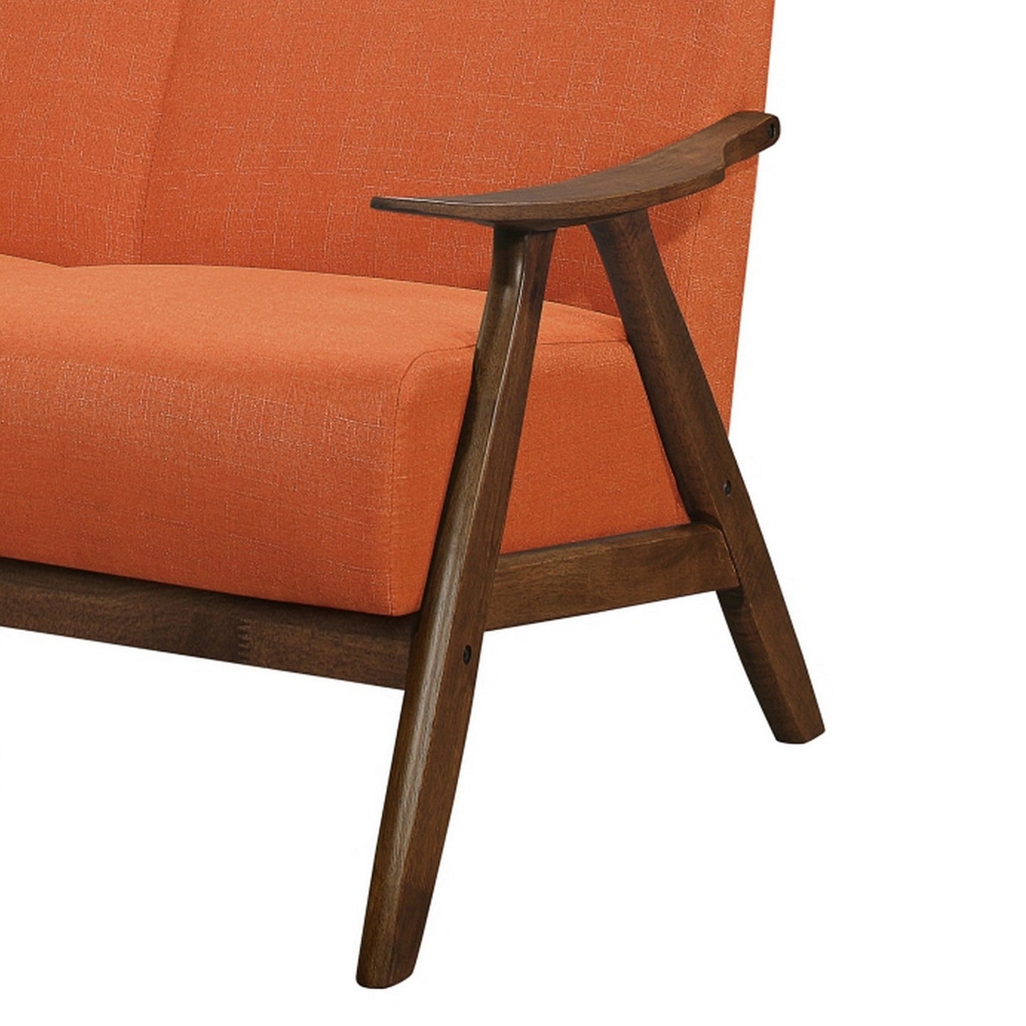 Indy 51 Inch Loveseat, Brown Wood Angled Frame, Textured Orange Fabric
