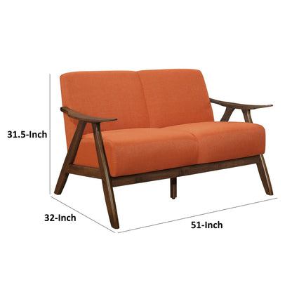 Indy 51 Inch Loveseat, Brown Wood Angled Frame, Textured Orange Fabric