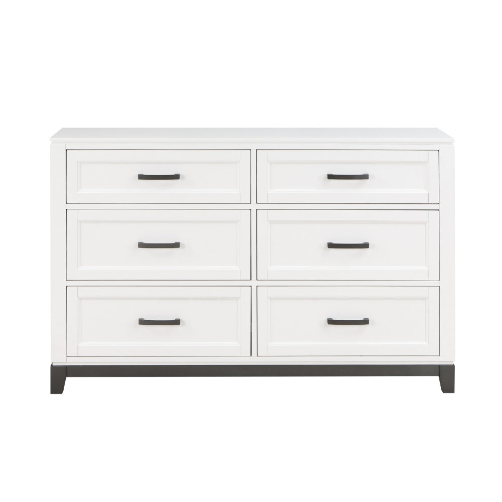 Thiem 61 Inch Wide Dresser, 6 Drawers with Black Handles, White Wood Finish